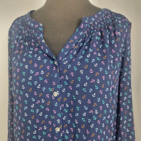 Talbots Women's Navy Blue Blouse Shirt Button Up Anchor Print anchors NEW Small - Picture 1 of 9